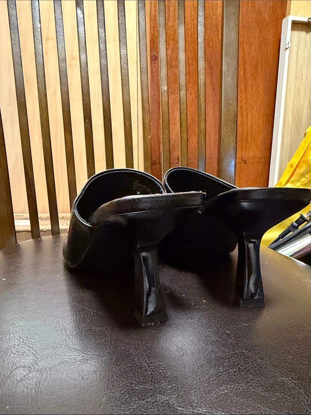 Open Edit Black Leather Mule Heels - Women's Slip-On Peep Toe